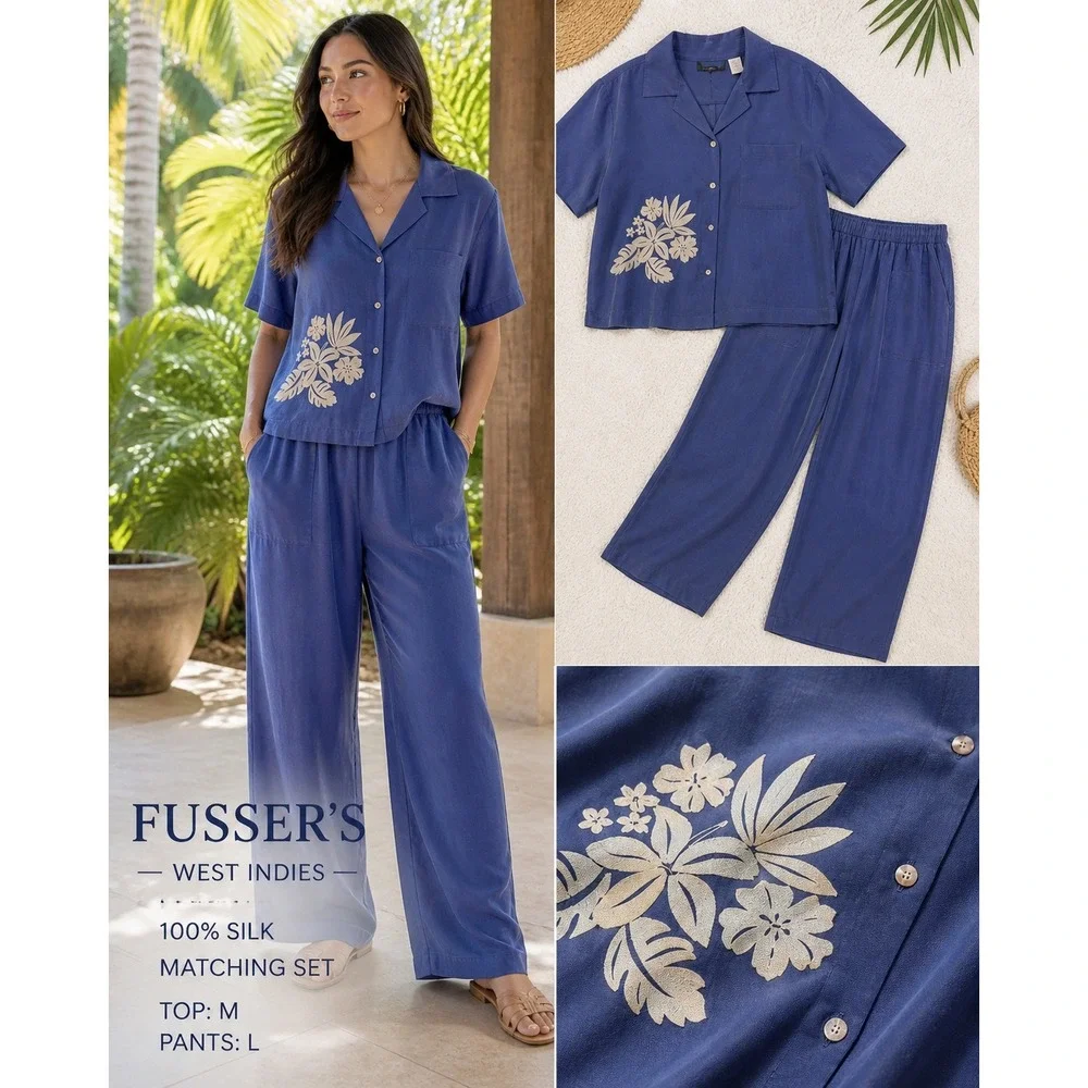 Pussers West Indies Silk Set Floral Shirt‎ Pants Blue M L Resort